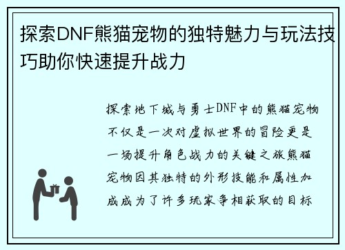 探索DNF熊猫宠物的独特魅力与玩法技巧助你快速提升战力