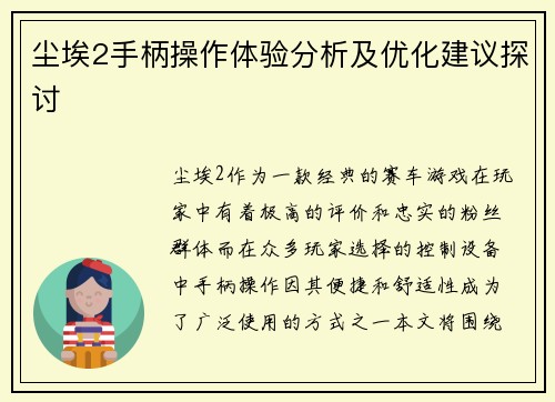 尘埃2手柄操作体验分析及优化建议探讨